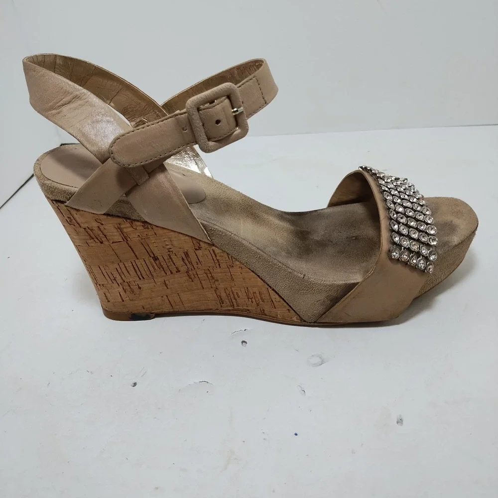Nine West Womens Rhinestone Platform Cork Wedge Sandals Ankle‎ Strap Buckle 8 M
